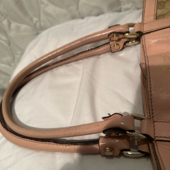 š„³HPš„³ Gucci GG pink bubble gum and tan canvas small leather trim tote bag - Picture 13 of 16
